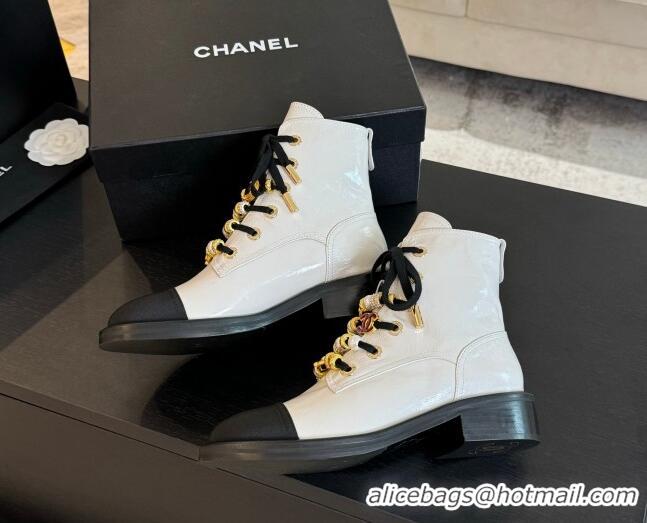 Charming Chanel Crumpled Shiny Calfskin & Grosgrain Ankle Boots with Beads Charm White 0103066