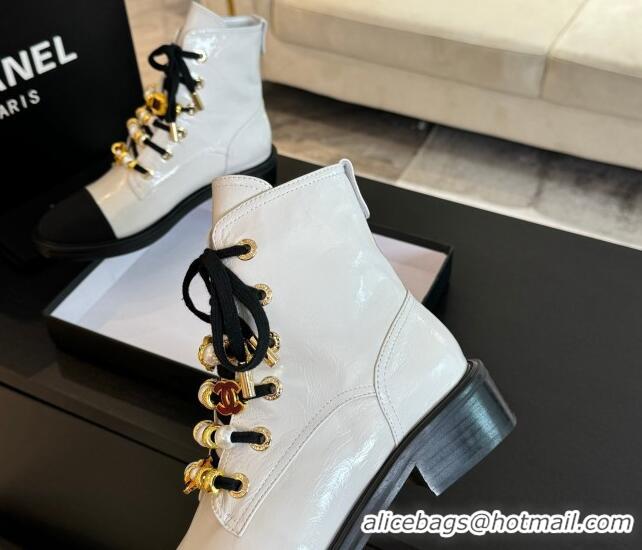 Charming Chanel Crumpled Shiny Calfskin & Grosgrain Ankle Boots with Beads Charm White 0103066