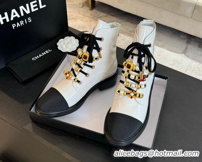 Charming Chanel Crumpled Shiny Calfskin & Grosgrain Ankle Boots with Beads Charm White 0103066