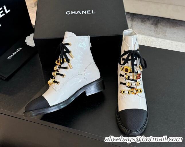 Charming Chanel Crumpled Shiny Calfskin & Grosgrain Ankle Boots with Beads Charm White 0103066