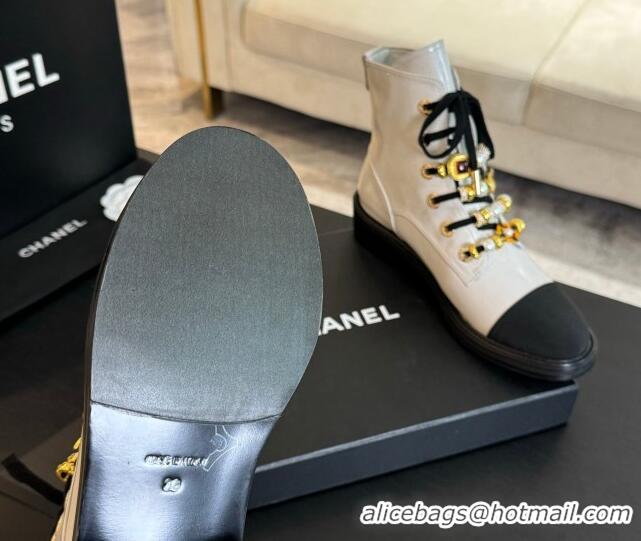 Charming Chanel Crumpled Shiny Calfskin & Grosgrain Ankle Boots with Beads Charm White 0103066