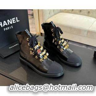 Top Design Chanel Crumpled Shiny Calfskin & Grosgrain Ankle Boots with Beads Charm Black 0103067