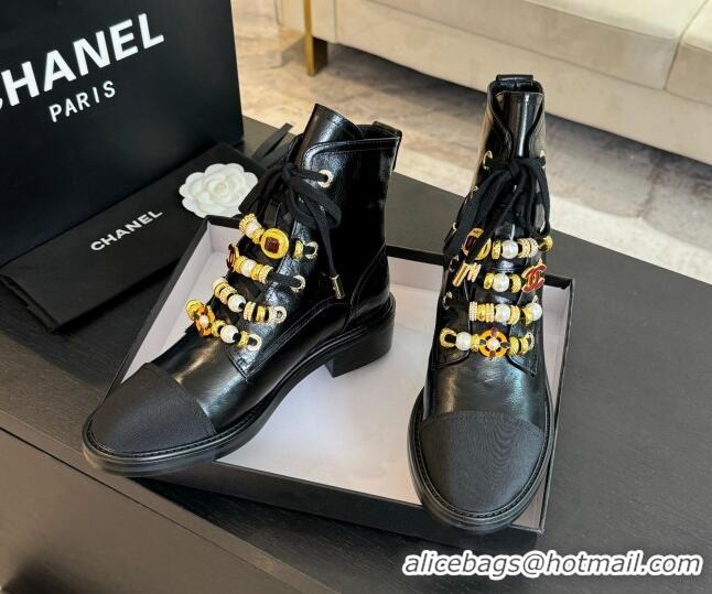 Top Design Chanel Crumpled Shiny Calfskin & Grosgrain Ankle Boots with Beads Charm Black 0103067