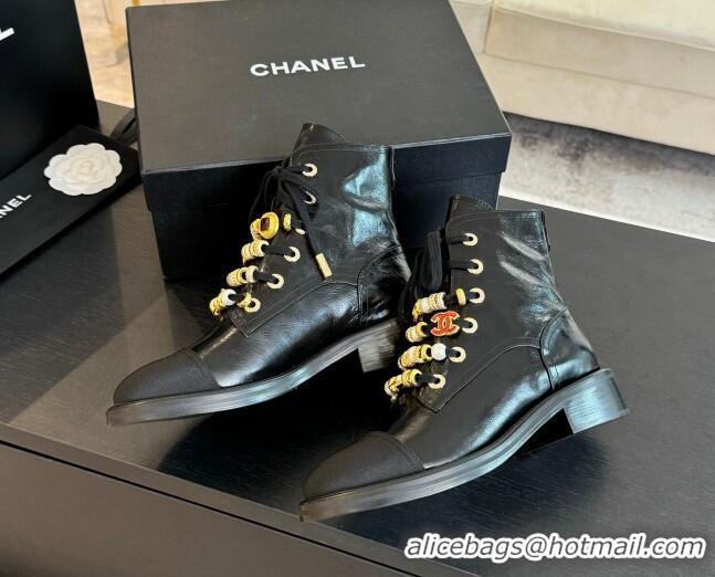 Top Design Chanel Crumpled Shiny Calfskin & Grosgrain Ankle Boots with Beads Charm Black 0103067