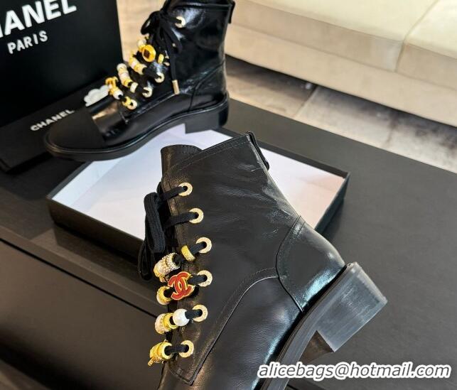 Top Design Chanel Crumpled Shiny Calfskin & Grosgrain Ankle Boots with Beads Charm Black 0103067