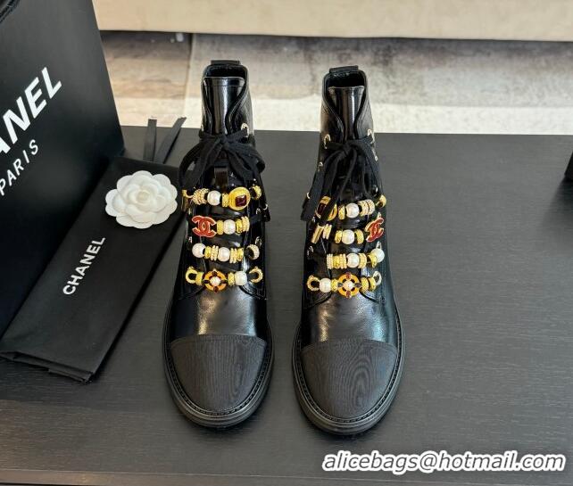 Top Design Chanel Crumpled Shiny Calfskin & Grosgrain Ankle Boots with Beads Charm Black 0103067