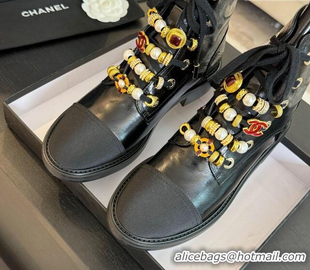 Top Design Chanel Crumpled Shiny Calfskin & Grosgrain Ankle Boots with Beads Charm Black 0103067