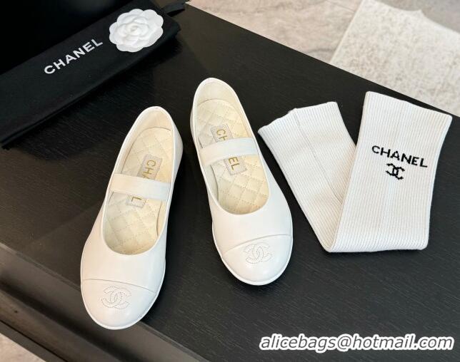 Durable Chanel Lambskin Mary Janes Ballet Flat White 0103070