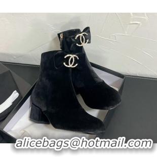 Good Looking Chanel Velvet Heel Ankle Boots 5.5cm with Bow Black 0103072