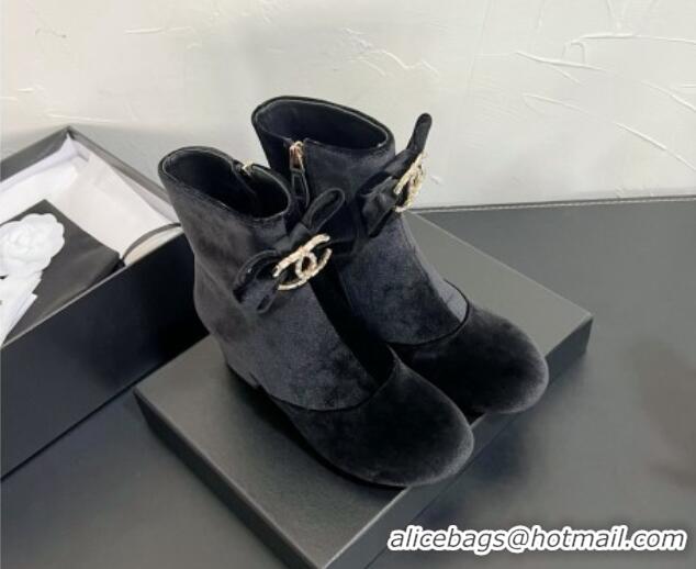 Good Looking Chanel Velvet Heel Ankle Boots 5.5cm with Bow Black 0103072