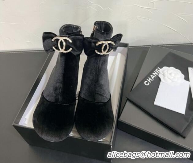 Good Looking Chanel Velvet Heel Ankle Boots 5.5cm with Bow Black 0103072