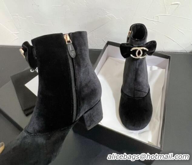 Good Looking Chanel Velvet Heel Ankle Boots 5.5cm with Bow Black 0103072