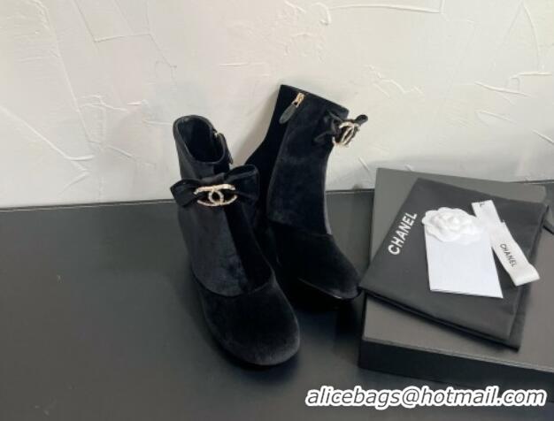 Good Looking Chanel Velvet Heel Ankle Boots 5.5cm with Bow Black 0103072