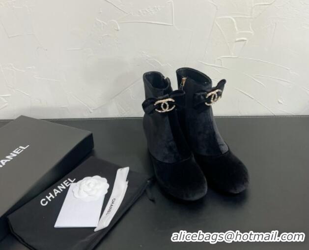 Good Looking Chanel Velvet Heel Ankle Boots 5.5cm with Bow Black 0103072