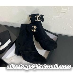 Luxurious Chanel Suede Heel Ankle Boots 5.5cm with Bow Black 0103073