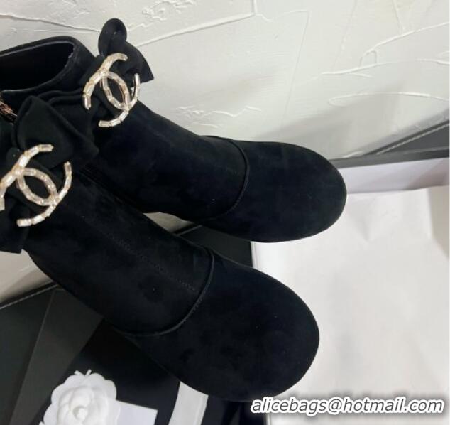 Luxurious Chanel Suede Heel Ankle Boots 5.5cm with Bow Black 0103073