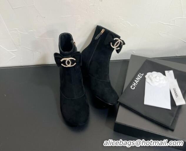 Luxurious Chanel Suede Heel Ankle Boots 5.5cm with Bow Black 0103073