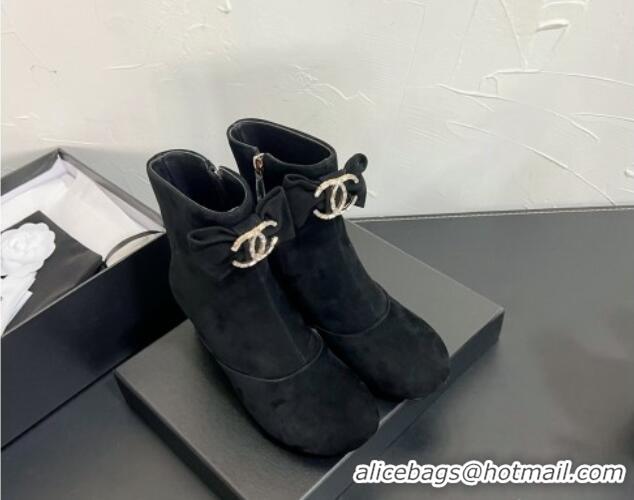 Luxurious Chanel Suede Heel Ankle Boots 5.5cm with Bow Black 0103073