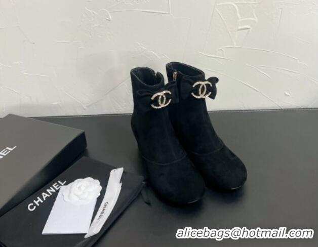 Luxurious Chanel Suede Heel Ankle Boots 5.5cm with Bow Black 0103073