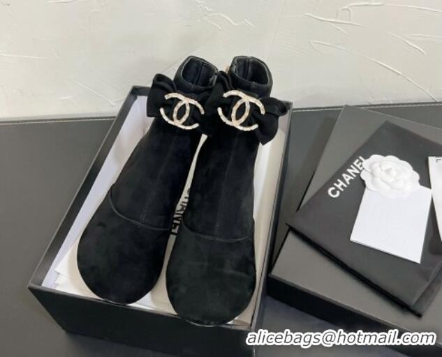 Luxurious Chanel Suede Heel Ankle Boots 5.5cm with Bow Black 0103073