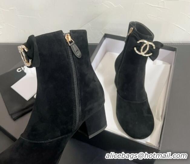 Luxurious Chanel Suede Heel Ankle Boots 5.5cm with Bow Black 0103073