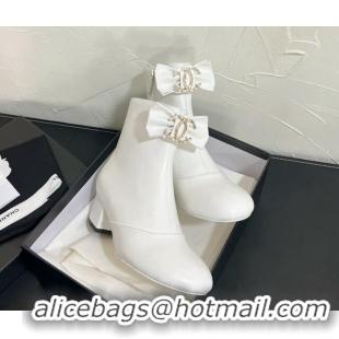 Best Product Chanel Calfskin Heel Ankle Boots 5.5cm with Bow White 0103074