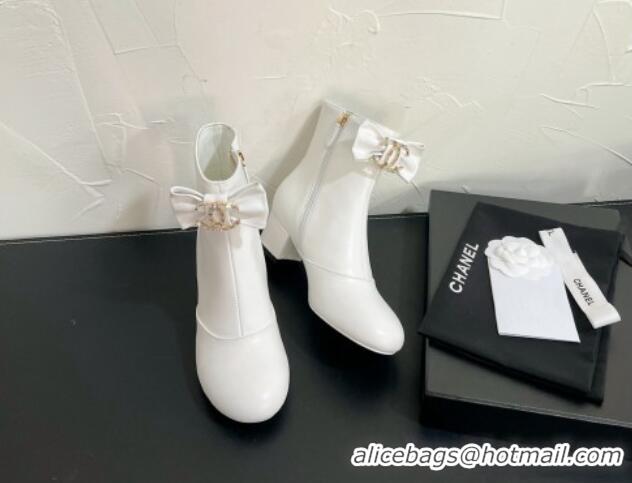 Best Product Chanel Calfskin Heel Ankle Boots 5.5cm with Bow White 0103074