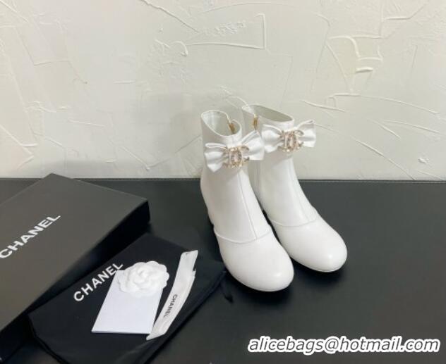 Best Product Chanel Calfskin Heel Ankle Boots 5.5cm with Bow White 0103074