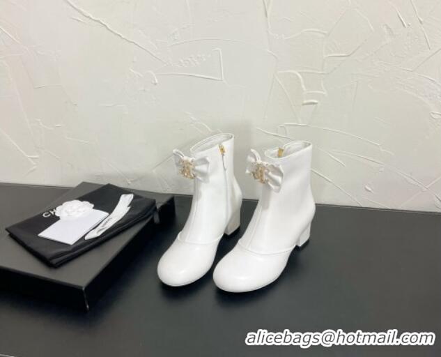 Best Product Chanel Calfskin Heel Ankle Boots 5.5cm with Bow White 0103074