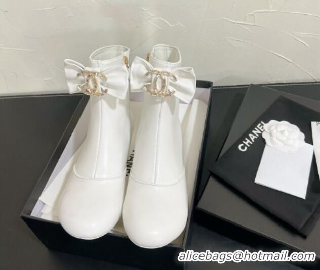 Best Product Chanel Calfskin Heel Ankle Boots 5.5cm with Bow White 0103074