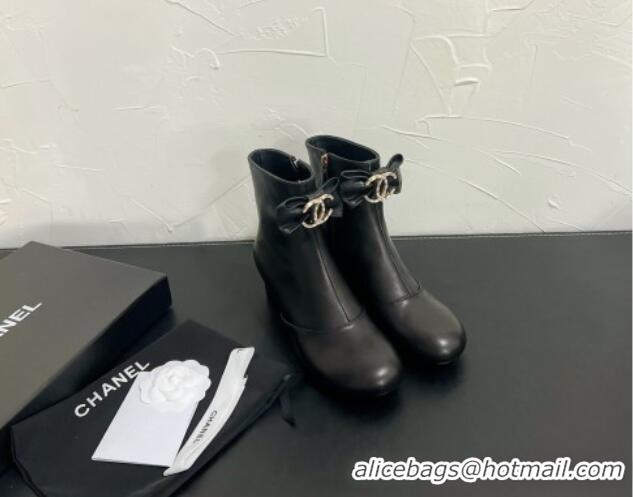 Popular Style Chanel Calfskin Heel Ankle Boots 5.5cm with Bow Black 0103075