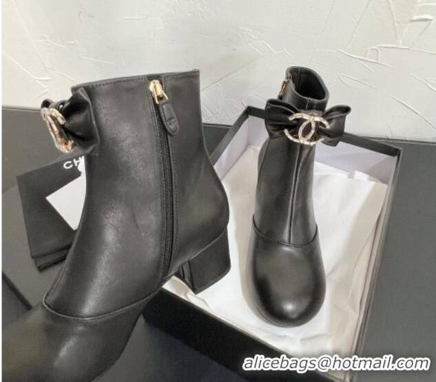 Popular Style Chanel Calfskin Heel Ankle Boots 5.5cm with Bow Black 0103075