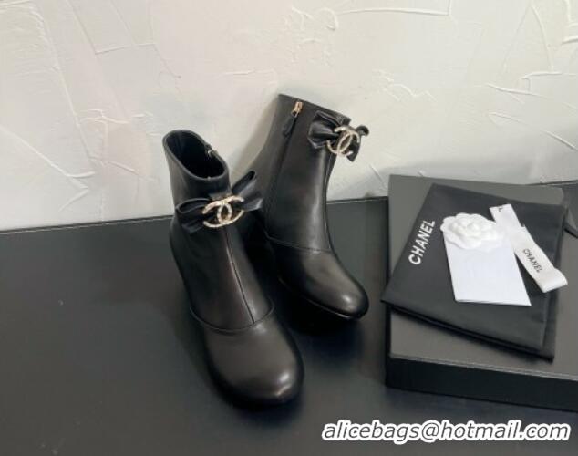 Popular Style Chanel Calfskin Heel Ankle Boots 5.5cm with Bow Black 0103075