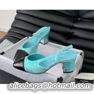 Top Design Chanel Bleached Leather & Patent Calfskin Slingback Pumps 6.5cm G31318 Blue 0103102