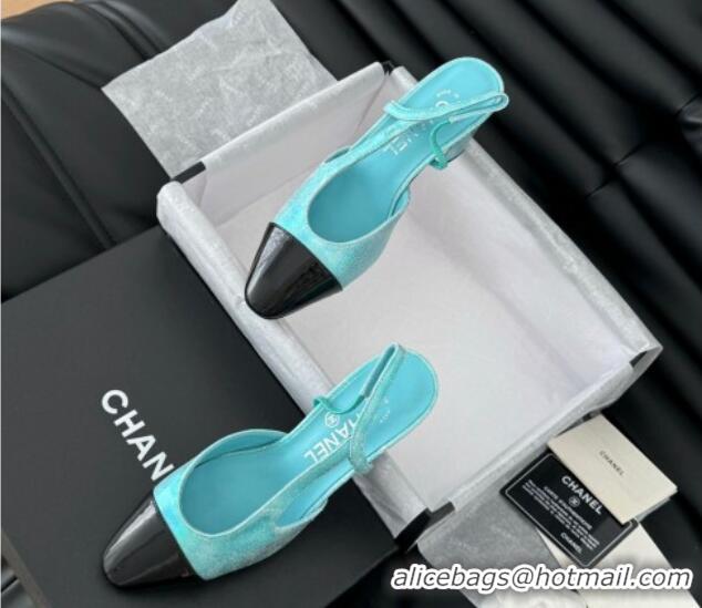 Top Design Chanel Bleached Leather & Patent Calfskin Slingback Pumps 6.5cm G31318 Blue 0103102