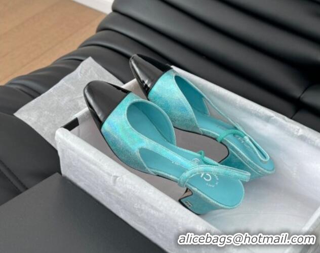 Top Design Chanel Bleached Leather & Patent Calfskin Slingback Pumps 6.5cm G31318 Blue 0103102