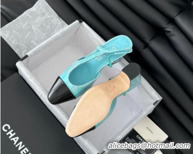 Top Design Chanel Bleached Leather & Patent Calfskin Slingback Pumps 6.5cm G31318 Blue 0103102