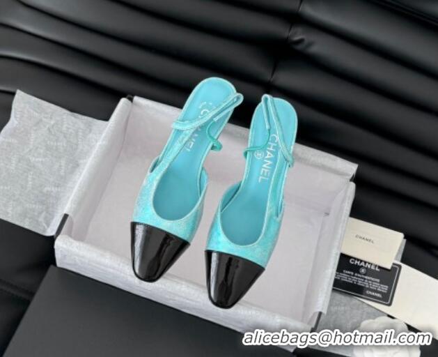 Top Design Chanel Bleached Leather & Patent Calfskin Slingback Pumps 6.5cm G31318 Blue 0103102