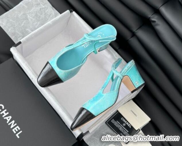 Top Design Chanel Bleached Leather & Patent Calfskin Slingback Pumps 6.5cm G31318 Blue 0103102