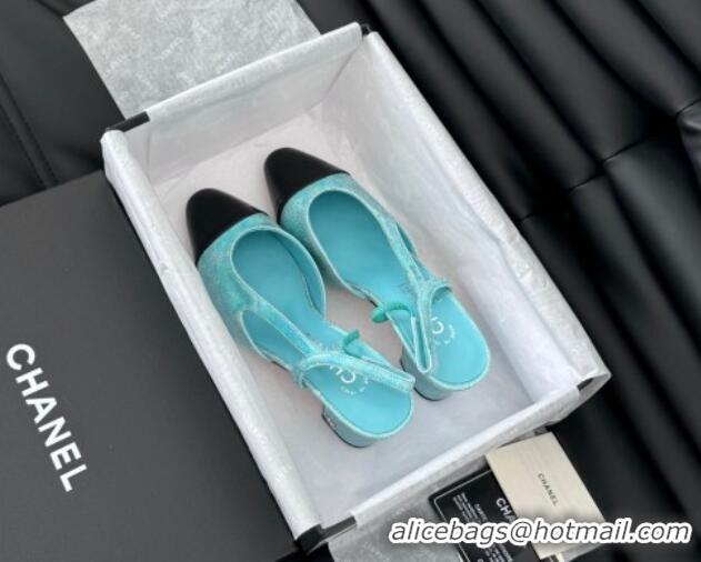 Top Design Chanel Bleached Leather & Patent Calfskin Slingback Pumps 6.5cm G31318 Blue 0103102