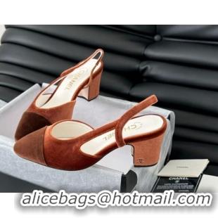 Good Quality Chanel Velvet Slingback Pumps 6.5cm G31318 Light Brown 0103106