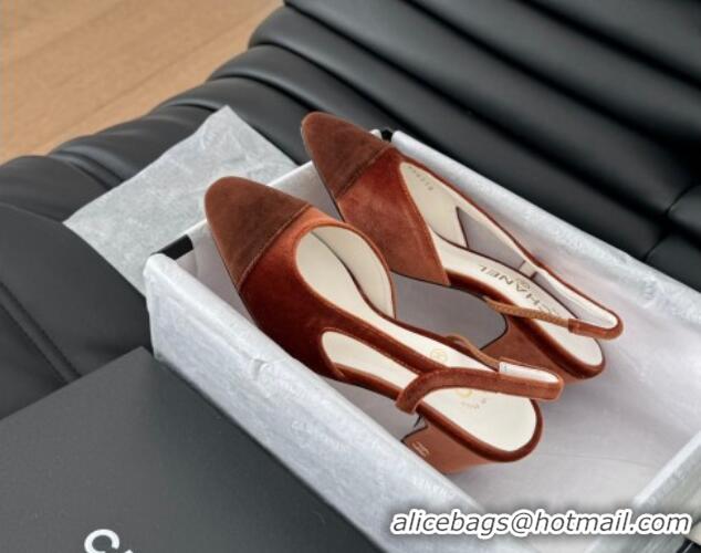 Good Quality Chanel Velvet Slingback Pumps 6.5cm G31318 Light Brown 0103106