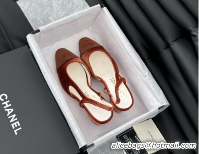 Good Quality Chanel Velvet Slingback Pumps 6.5cm G31318 Light Brown 0103106