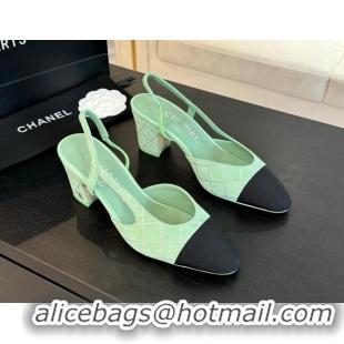 Top Grade Chanel Quilted Suede & Grosgrain Slingback Pumps 6.5cm with Studs G31318 Light Green 0103080