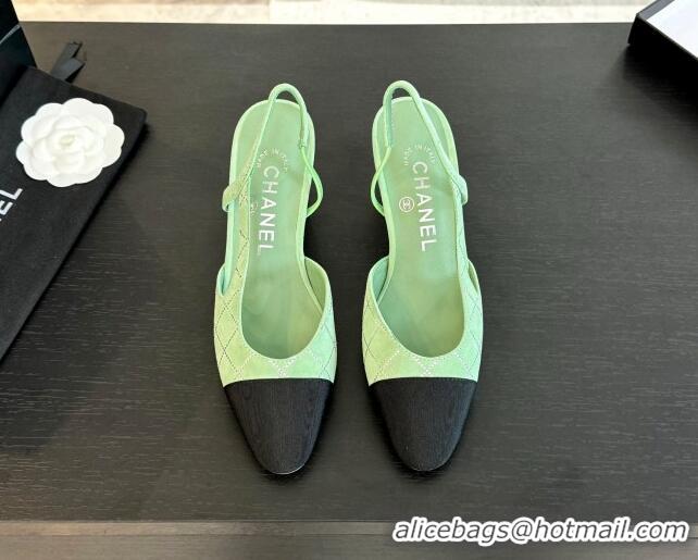 Top Grade Chanel Quilted Suede & Grosgrain Slingback Pumps 6.5cm with Studs G31318 Light Green 0103080