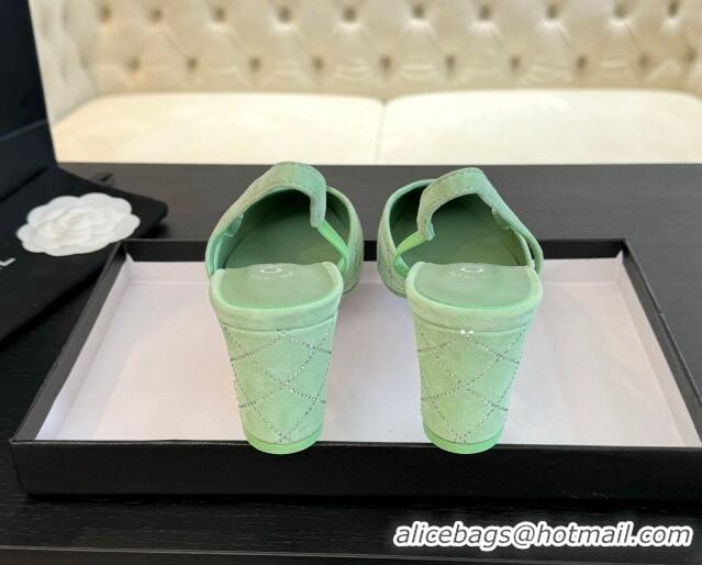 Top Grade Chanel Quilted Suede & Grosgrain Slingback Pumps 6.5cm with Studs G31318 Light Green 0103080