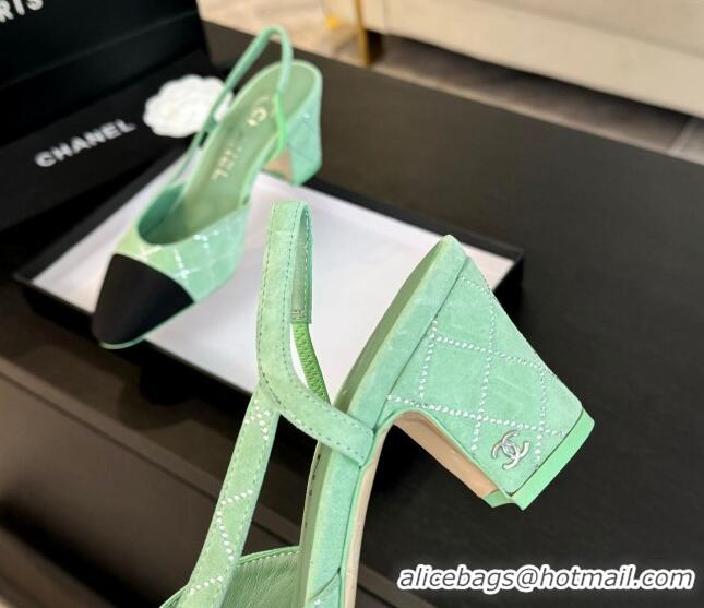 Top Grade Chanel Quilted Suede & Grosgrain Slingback Pumps 6.5cm with Studs G31318 Light Green 0103080