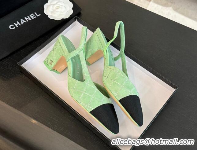 Top Grade Chanel Quilted Suede & Grosgrain Slingback Pumps 6.5cm with Studs G31318 Light Green 0103080