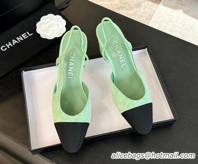 Top Grade Chanel Quilted Suede & Grosgrain Slingback Pumps 6.5cm with Studs G31318 Light Green 0103080