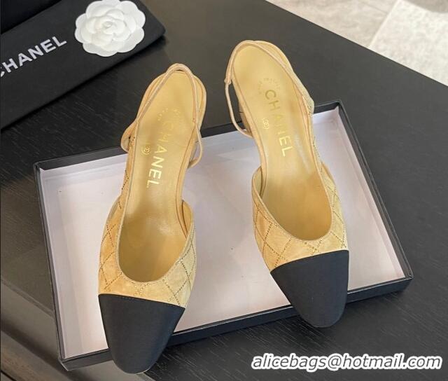 Pretty Style Chanel Quilted Suede & Grosgrain Slingback Pumps 6.5cm with Studs G31318 Dark Beige 0103081